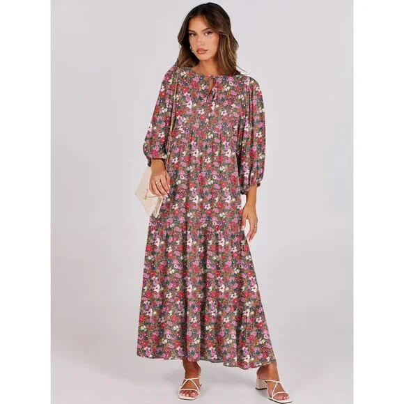 Boho Maxi Dress Women's Rayon V-Neck Puff Sleeve Floral Casual Summer Boho Maxi Dress Women's Rayon V-Neck Puff Sleeve Floral Casual Summer